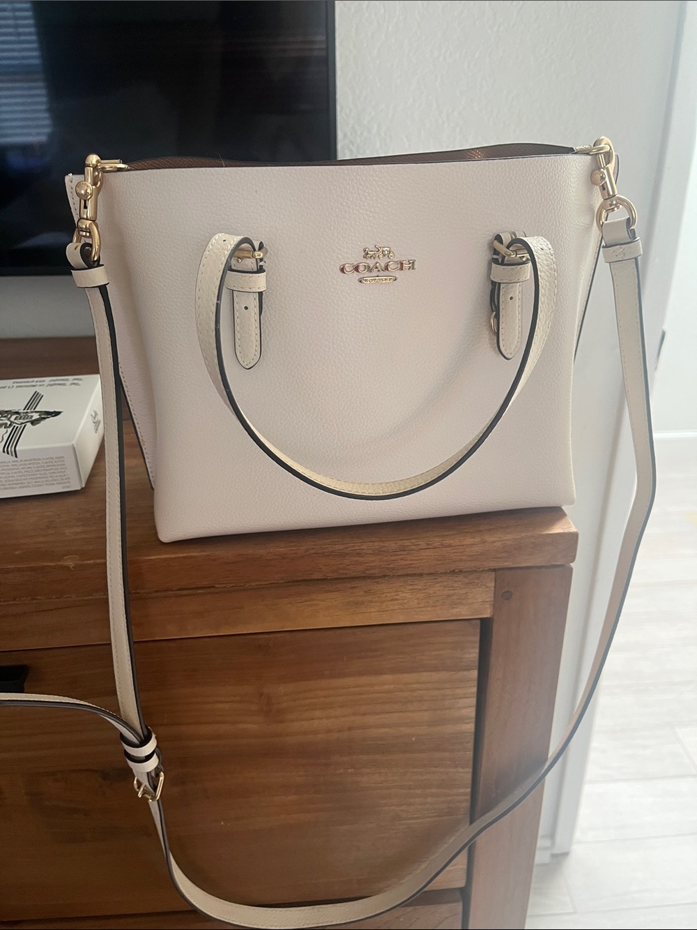 Coach White Pebbled Leather Structured Tote with Gold Hardware